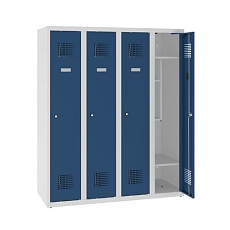 Snížená školní šatní skříň, 4 sloupce, 300 mm, šedá/tmavě modrá, tříbodový cylindrický zámek