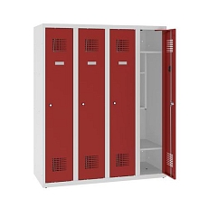Snížená školní šatní skříň, 4 sloupce, 300 mm, šedá/červená, tříbodový cylindrický zámek