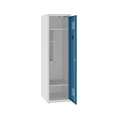 Snížená školní šatní skříň, 1 sloupec, 400 mm, šedá/modrá, tříbodový cylindrický zámek