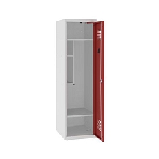 Snížená školní šatní skříň, 1 sloupec, 400 mm, šedá/červená, tříbodový cylindrický zámek