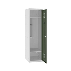 Snížená školní šatní skříň, 1 sloupec, 400 mm, šedá/zelená, tříbodový cylindrický zámek