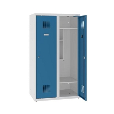 Snížená školní šatní skříň, 2 sloupce, 400 mm, šedá/modrá, tříbodový cylindrický zámek