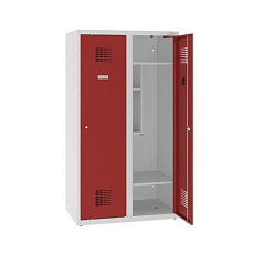 Snížená školní šatní skříň, 2 sloupce, 400 mm, šedá/červená, tříbodový cylindrický zámek