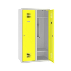 Snížená školní šatní skříň, 2 sloupce, 400 mm, šedá/žlutá, tříbodový cylindrický zámek