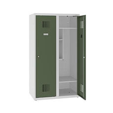 Snížená školní šatní skříň, 2 sloupce, 400 mm, šedá/zelená, tříbodový cylindrický zámek