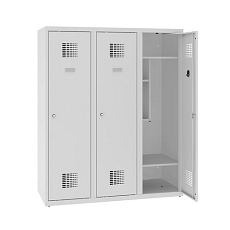 Snížená školní šatní skříň, 3 sloupce, 400 mm, šedá/žlutá, tříbodový cylindrický zámek