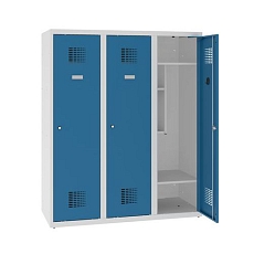 Snížená školní šatní skříň, 3 sloupce, 400 mm, šedá/modrá, tříbodový cylindrický zámek