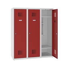 Snížená školní šatní skříň, 3 sloupce, 400 mm, šedá/červená, tříbodový cylindrický zámek