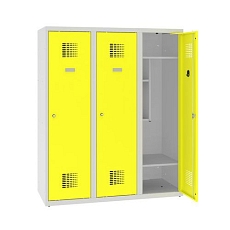 Snížená školní šatní skříň, 3 sloupce, 400 mm, šedá/žlutá, tříbodový cylindrický zámek