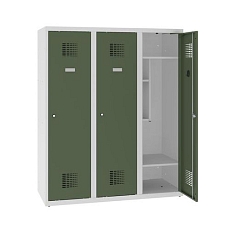 Snížená školní šatní skříň, 3 sloupce, 400 mm, šedá/zelená, tříbodový cylindrický zámek