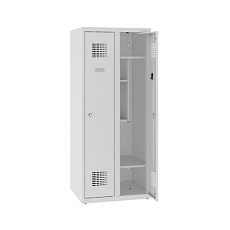 Snížená školní šatní skříň, 2 sloupce, 300 mm, šedá/šedá, tříbodový cylindrický zámek