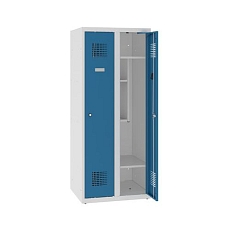 Snížená školní šatní skříň, 2 sloupce, 300 mm, šedá/modrá, tříbodový cylindrický zámek
