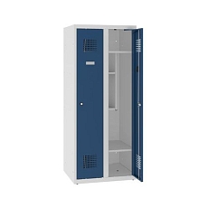 Snížená školní šatní skříň, 2 sloupce, 300 mm, šedá/tmavě modrá, tříbodový cylindrický zámek