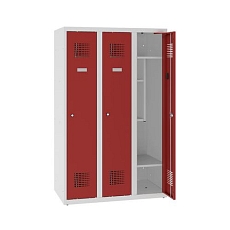 Snížená školní šatní skříň, 3 sloupce, 300 mm, šedá/červená, tříbodový cylindrický zámek