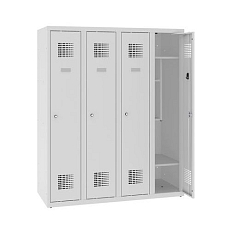 Snížená školní šatní skříň, 4 sloupce, 300 mm, šedá/šedá, tříbodový cylindrický zámek