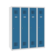 Snížená školní šatní skříň, 4 sloupce, 300 mm, šedá/šedá, tříbodový cylindrický zámek