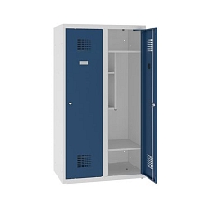 Snížená školní šatní skříň, 2 sloupce, 400 mm, šedá/tmavě modrá, tříbodový cylindrický zámek