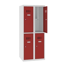 Snížená školní šatní skříň, 4 oddíly, 300 mm, šedá/červená, cylindrický zámek