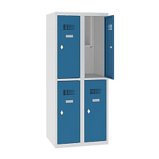 Snížená školní šatní skříň, 4 oddíly, 300 mm, šedá/modrá, otočný uzávěr