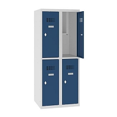 Snížená školní šatní skříň, 4 oddíly, 300 mm, šedá/tmavě modrá, otočný uzávěr