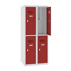Snížená školní šatní skříň, 4 oddíly, 300 mm, šedá/červená, otočný uzávěr