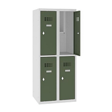 Snížená školní šatní skříň, 4 oddíly, 300 mm, šedá/zelená, otočný uzávěr