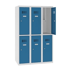 Snížená školní šatní skříň, 6 oddílů, 300 mm, šedá/zelená, cylindrický zámek