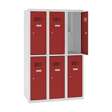 Snížená školní šatní skříň, 6 oddílů, 300 mm, šedá/červená, cylindrický zámek