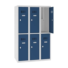 Snížená školní šatní skříň, 6 oddílů, 300 mm, šedá/tmavě modrá, otočný uzávěr