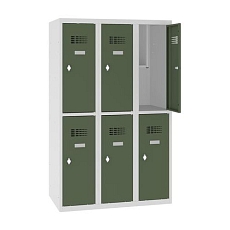 Snížená školní šatní skříň, 6 oddílů, 300 mm, šedá/zelená, otočný uzávěr