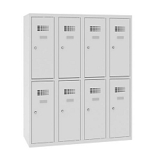 Snížená školní šatní skříň, 8 oddílů, 300 mm, šedá/šedá, cylindrický zámek