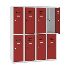Snížená školní šatní skříň, 8 oddílů, 300 mm, šedá/červená, cylindrický zámek