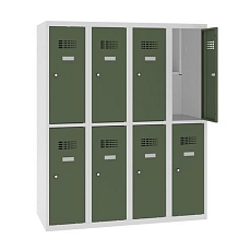 Snížená školní šatní skříň, 8 oddílů, 300 mm, šedá/zelená, cylindrický zámek