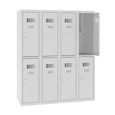 Snížená školní šatní skříň, 8 oddílů, 300 mm, šedá/žlutá, otočný uzávěr