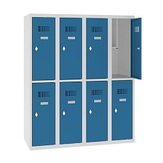 Snížená školní šatní skříň, 8 oddílů, 300 mm, šedá/žlutá, otočný uzávěr