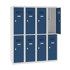 Snížená školní šatní skříň, 8 oddílů, 300 mm, šedá/tmavě modrá, otočný uzávěr