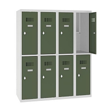 Snížená školní šatní skříň, 8 oddílů, 300 mm, šedá/zelená, otočný uzávěr