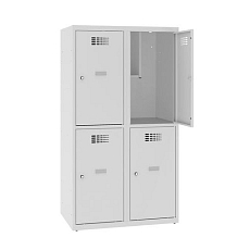 Snížená školní šatní skříň, 4 oddíly, 400 mm, šedá/žlutá, cylindrický zámek