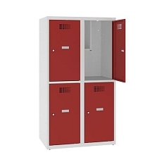 Snížená školní šatní skříň, 4 oddíly, 400 mm, šedá/červená, cylindrický zámek