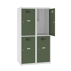 Snížená školní šatní skříň, 4 oddíly, 400 mm, šedá/zelená, cylindrický zámek