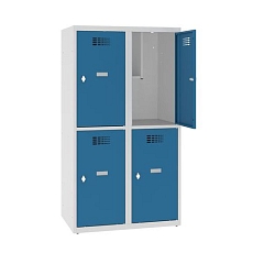 Snížená školní šatní skříň, 4 oddíly, 400 mm, šedá/modrá, otočný uzávěr