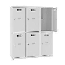 Snížená školní šatní skříň, 6 oddílů, 400 mm, šedá/žlutá, cylindrický zámek