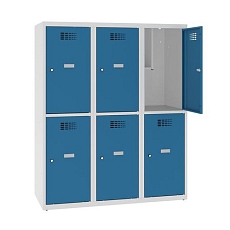 Snížená školní šatní skříň, 6 oddílů, 400 mm, šedá/žlutá, cylindrický zámek