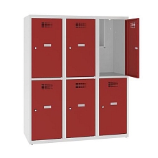 Snížená školní šatní skříň, 6 oddílů, 400 mm, šedá/červená, cylindrický zámek