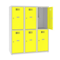 Snížená školní šatní skříň, 6 oddílů, 400 mm, šedá/žlutá, cylindrický zámek
