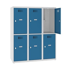 Snížená školní šatní skříň, 6 oddílů, 400 mm, šedá/zelená, otočný uzávěr