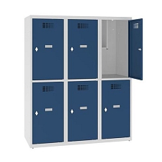 Snížená školní šatní skříň, 6 oddílů, 400 mm, šedá/tmavě modrá, otočný uzávěr