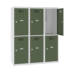 Snížená školní šatní skříň, 6 oddílů, 400 mm, šedá/zelená, otočný uzávěr
