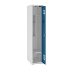 Snížená školní šatní skříň, 1 sloupec, 300 mm, šedá/modrá, cylindrický zámek