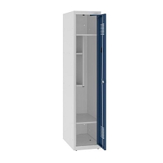 Snížená školní šatní skříň, 1 sloupec, 300 mm, šedá/tmavě modrá, cylindrický zámek